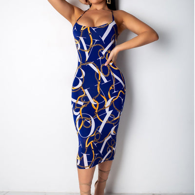 Cold Shoulder Chain Printed Sling Bodycon Dress