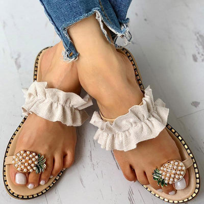 Pineapple Pattern Toe Ring Frill Hem Casual Sandals - Shop Shiningbabe - Womens Fashion Online Shopping Offering Huge Discounts on Shoes - Heels, Sandals, Boots, Slippers; Clothing - Tops, Dresses, Jumpsuits, and More.