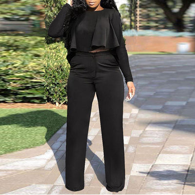 Solid Ruffle Design Long Sleeve Top & Pants Set