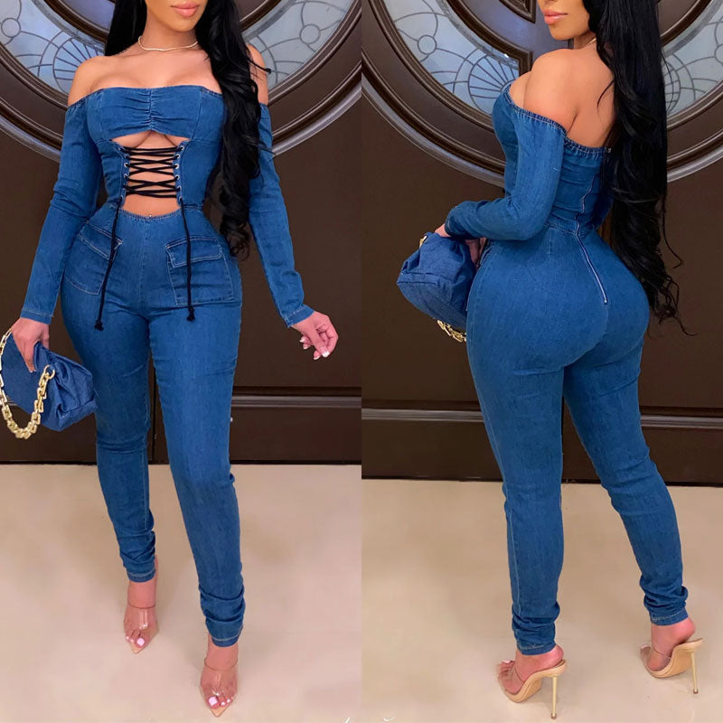 Solid Off Shoulder Long Sleeve Cut Out Bandage Denim Jumpsuit