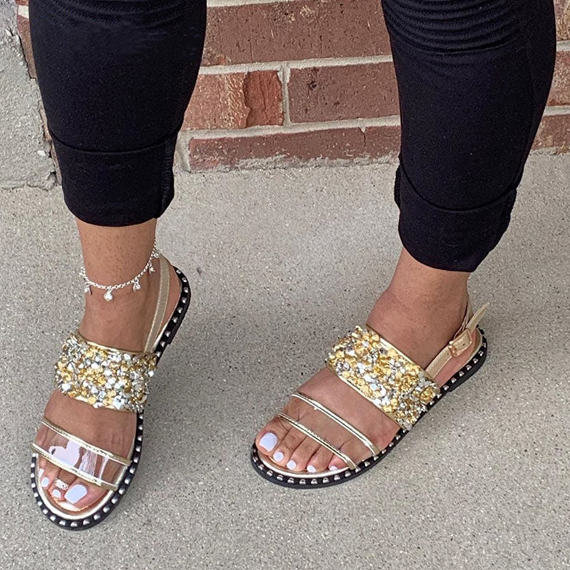 Solid Rhinestone Transparent Strap Flat Sandals