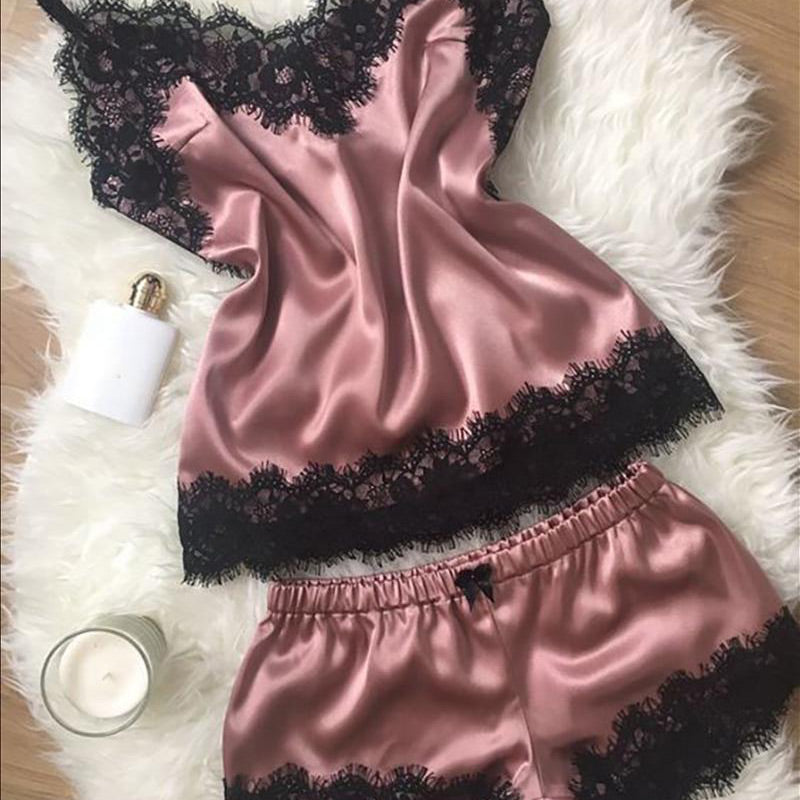 Solid Lace Trim Satin Cami Set