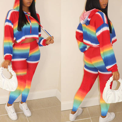 Rainbow Pattern Long Sleeve Hoodie Top & Pants Set