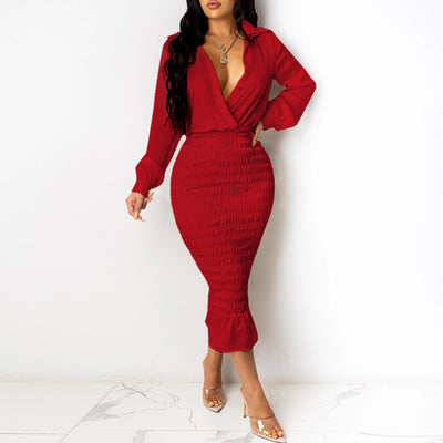 Solid Deep V-Neck Bodycon Dress