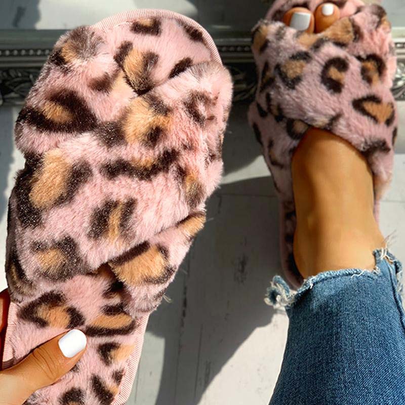 Fluffy Leopard Crisscross Flat Slippers - Cherrybetty