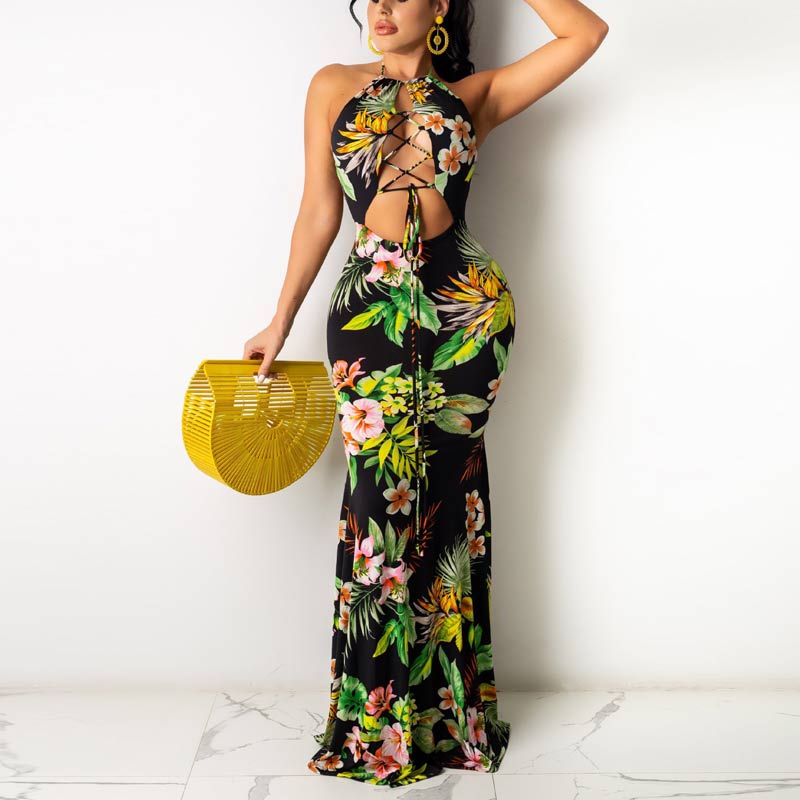 Floral Print Sleeveless Lace Up Halter Maxi Dress