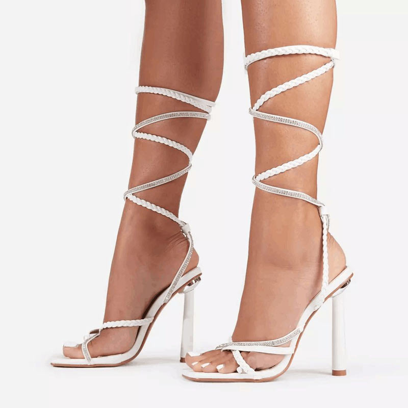 Solid Rhinestone Lace Up Thin Heeled Sandals