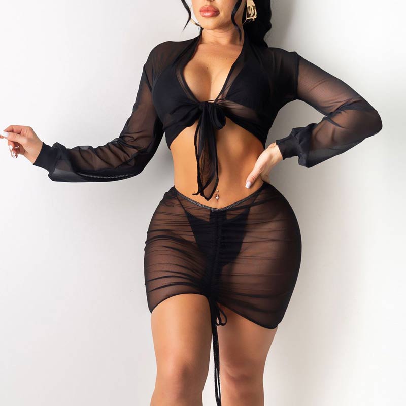 Solid Sheer Mesh Patchwork Two Piece Set