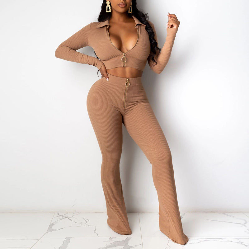 Ribbed Long Sleeve Crop Top & Wide Leg Pants Set