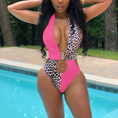 Colorblock Leopard Pattern Hollow Out Swimsuit