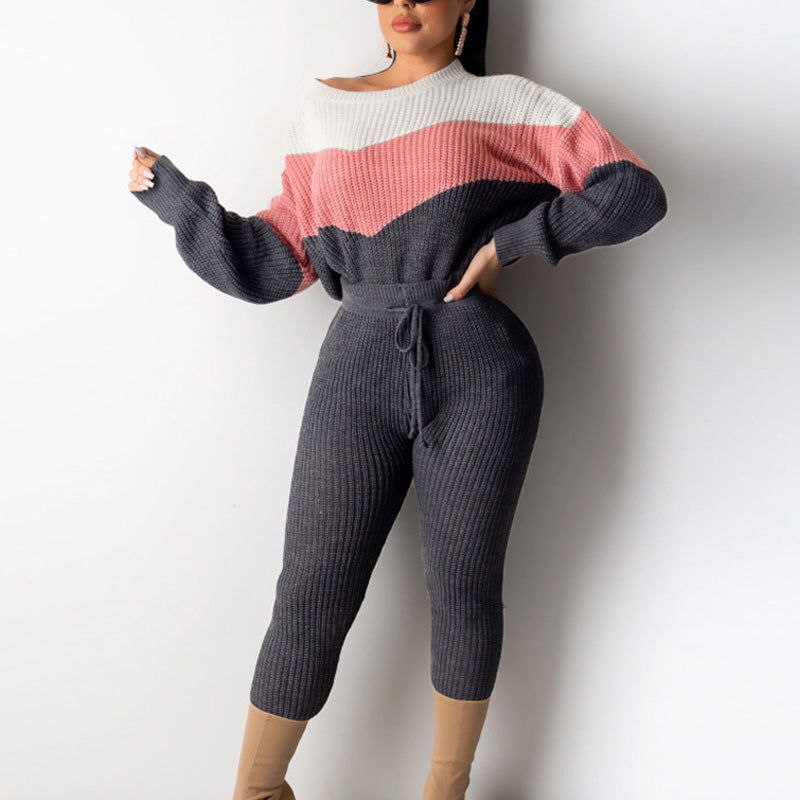 Colorblock Long Sleeve Ribbed Two Piece Set