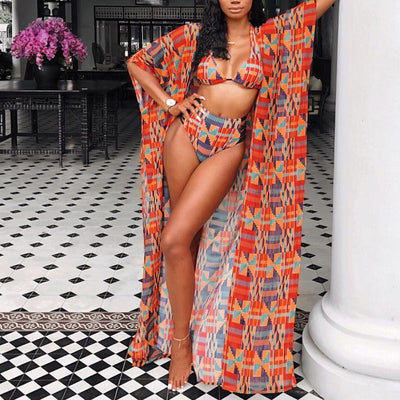 Geometric Print Long Sleeve Three Piece Swimsuit Set