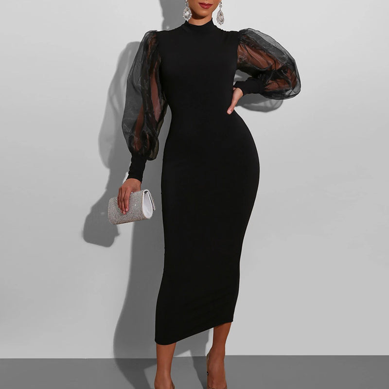 Solid Sheer Mesh Sleeve Bodycon Maxi Dress