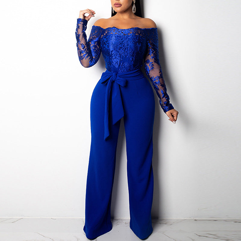 Solid Off Shoulder Lace Patchwork Tied Jumpsuit