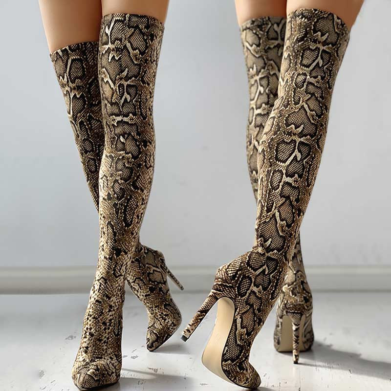 Snakeskin Print Thin Heeled Thigh High Boots - Cherrybetty