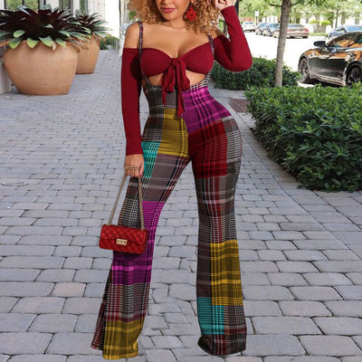 Plaid Pattern Crop Top & Suspender Pants Set