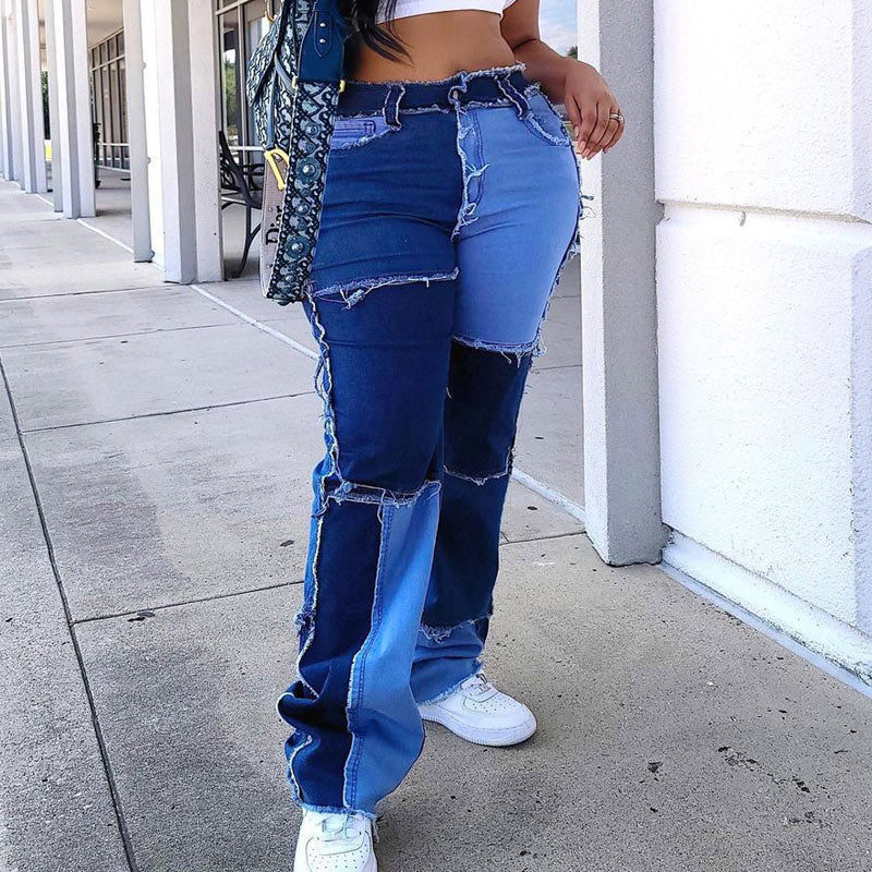 Colorblock Patchwork Straight Leg Denim Pants