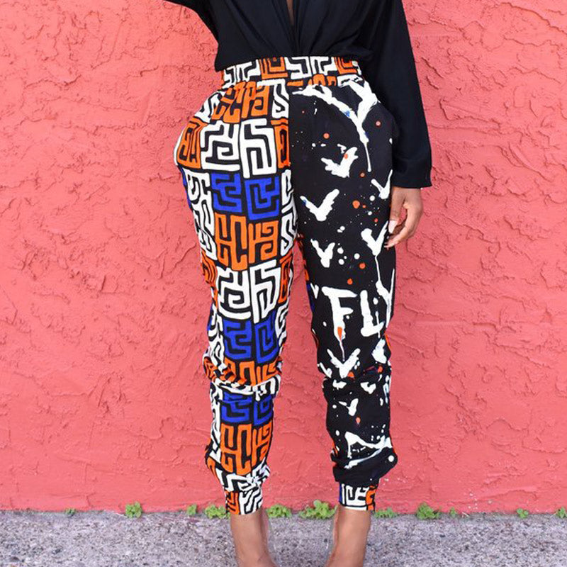 Colorblock Print High Waist Loose Pants