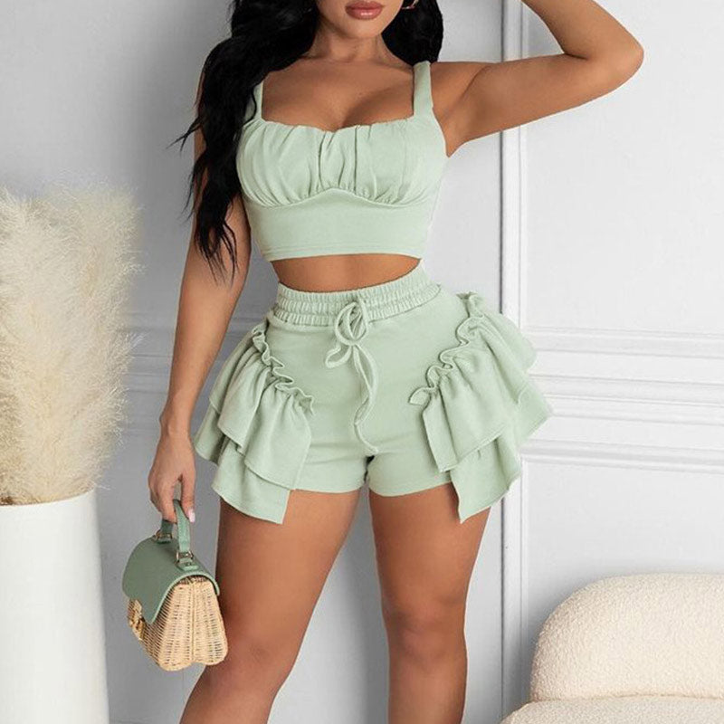 Solid Sleeveless Ruffle Design Two Piece Shorts Set