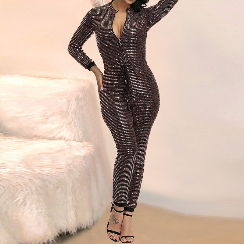 Sequins Zipper Design Tied Long Sleeve Jumpsuit