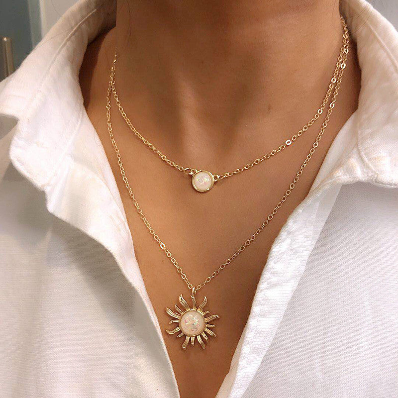 Sunflower Decor Layered Pendant Chain Necklace