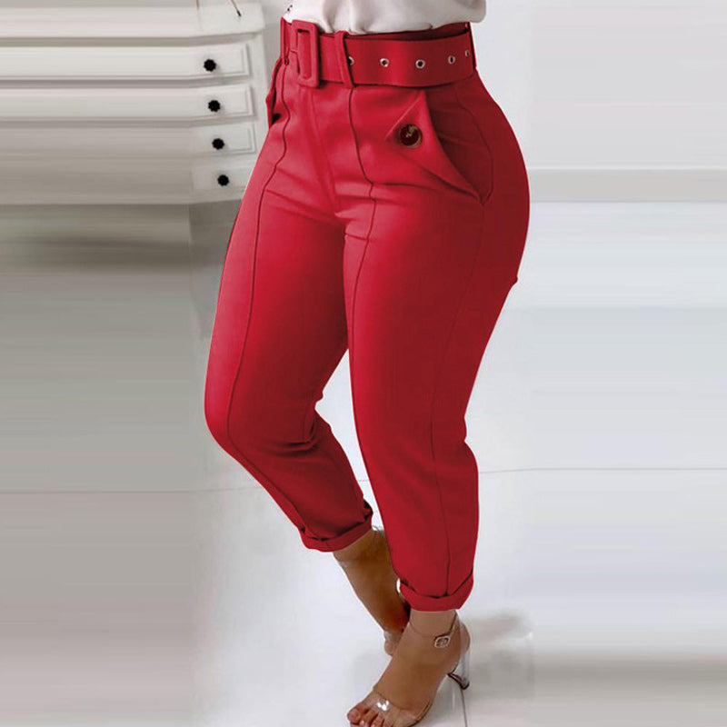 Solid Pocket Design High Waist Pants With Belt