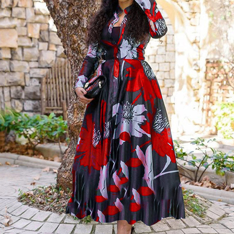 Floral Print Long Sleeve Big Swing Dress