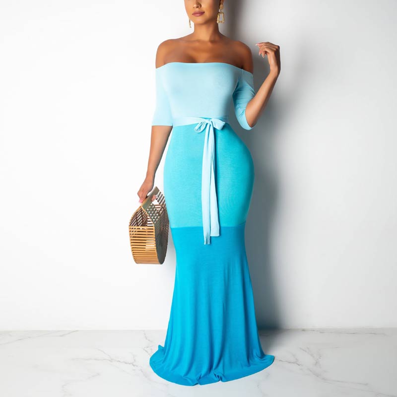 Off Shoulder Long Sleeve Gradient Maxi Dress