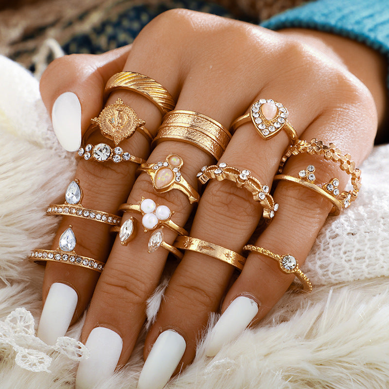 15PCS Beaded Studded Rings Set