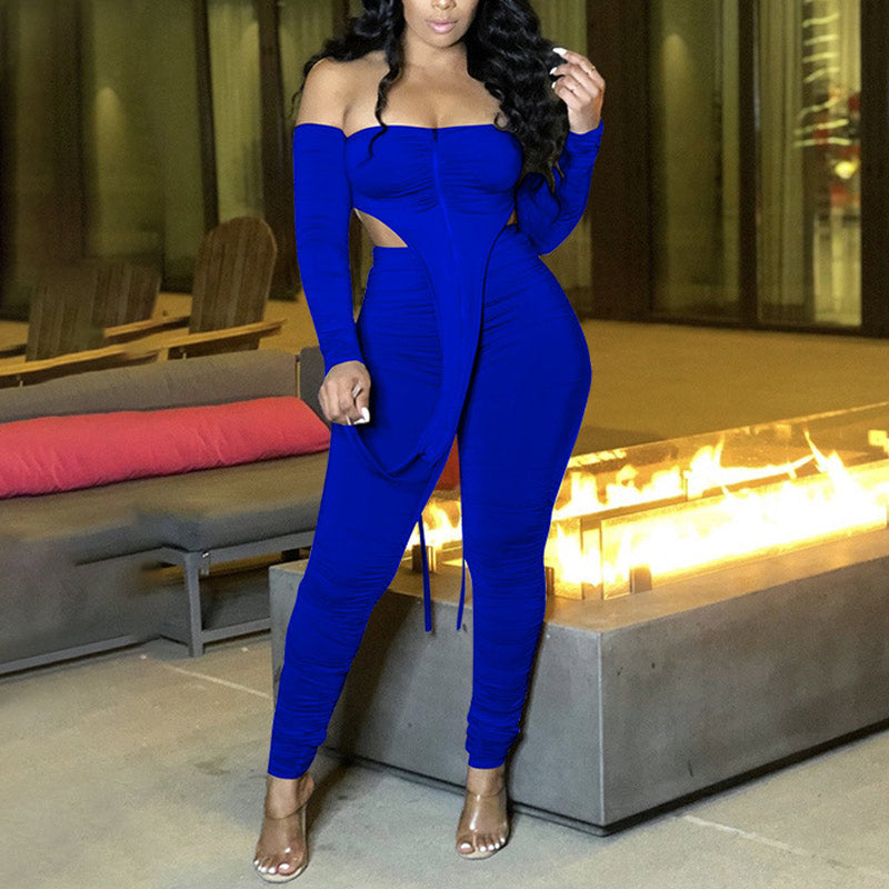 Solid Off Shoulder Irregular Two Piece Set