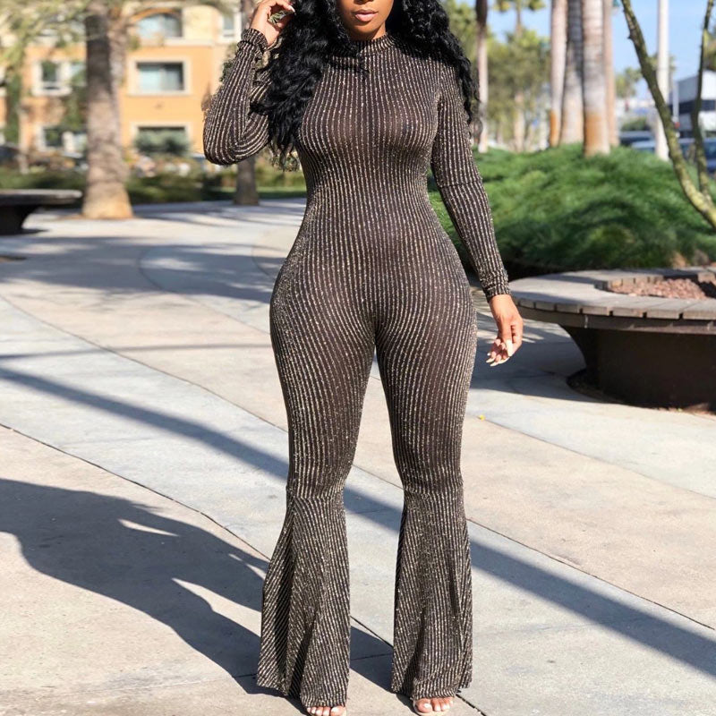 Solid Long Sleeve Bell Bottom Jumpsuit