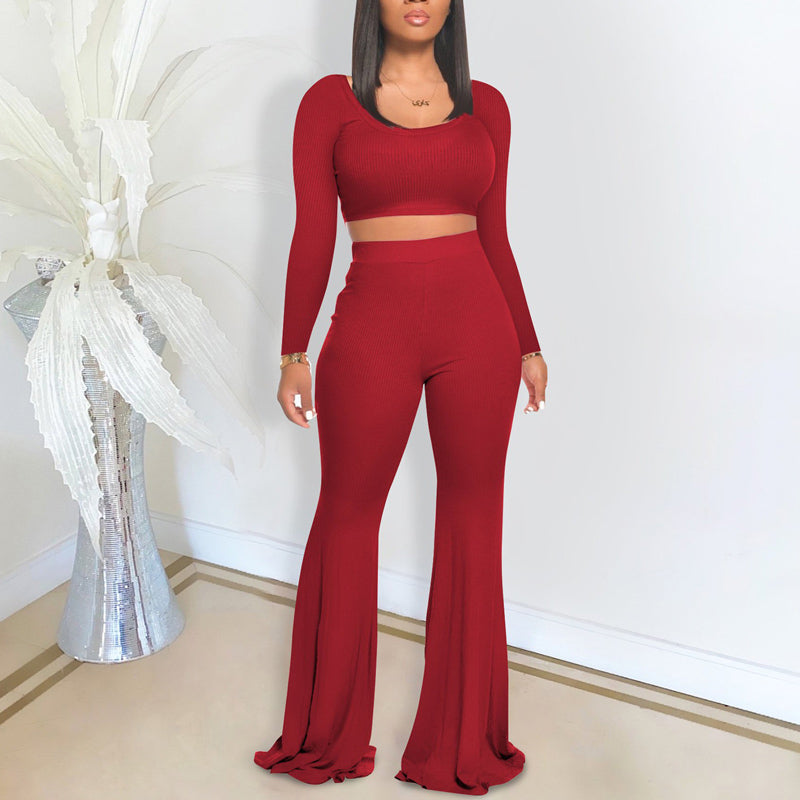 Solid Round Neck Crop Top & Bell Bottom Pants Set