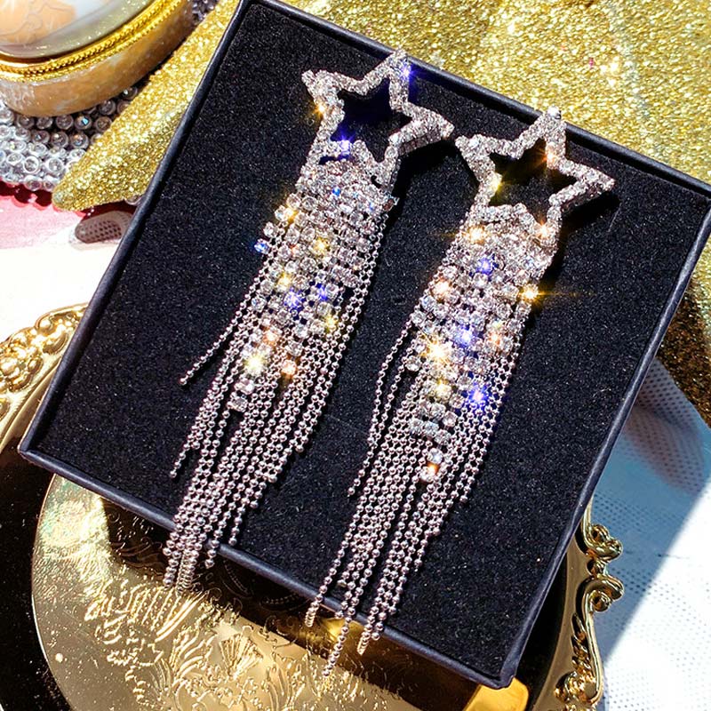 Star Pattern Studded Tassel Design Earring