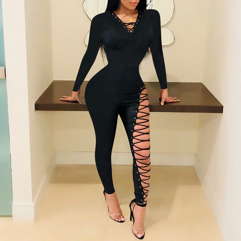 Solid V-Neck Lace Up Long Sleeve Jumpsuit