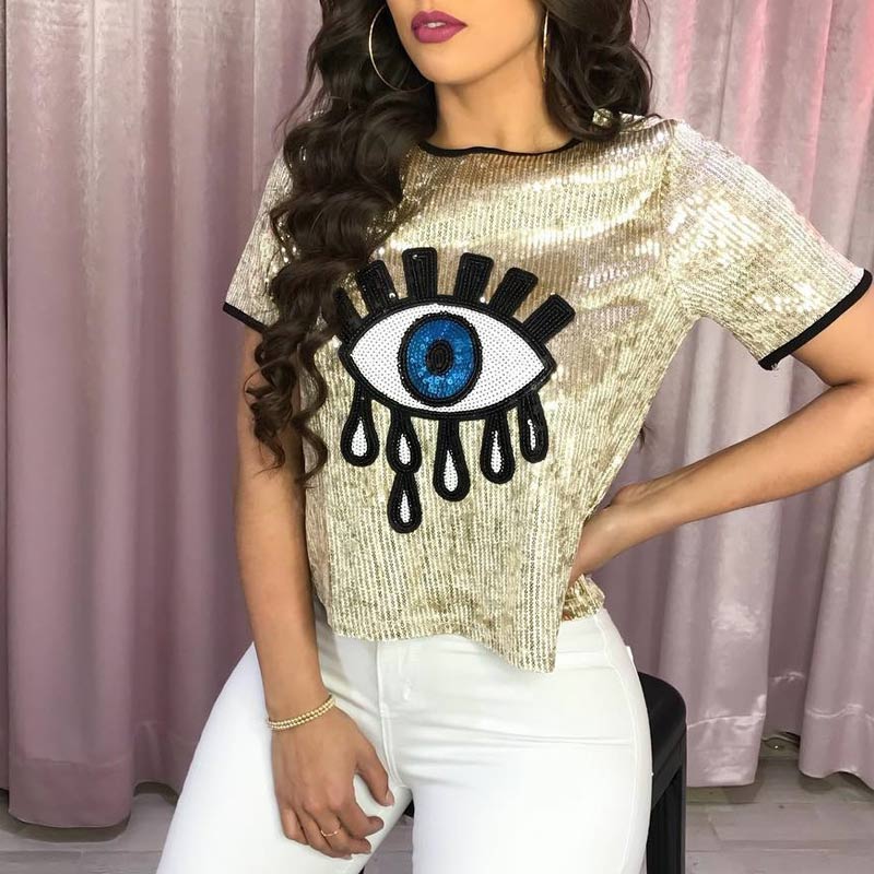 Sequins Eyes Pattern Short Sleeve Top