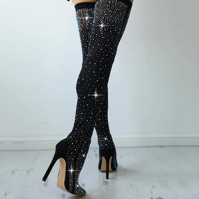 Shiny Sequins Knee-High Thin Heel Boots - Cherrybetty