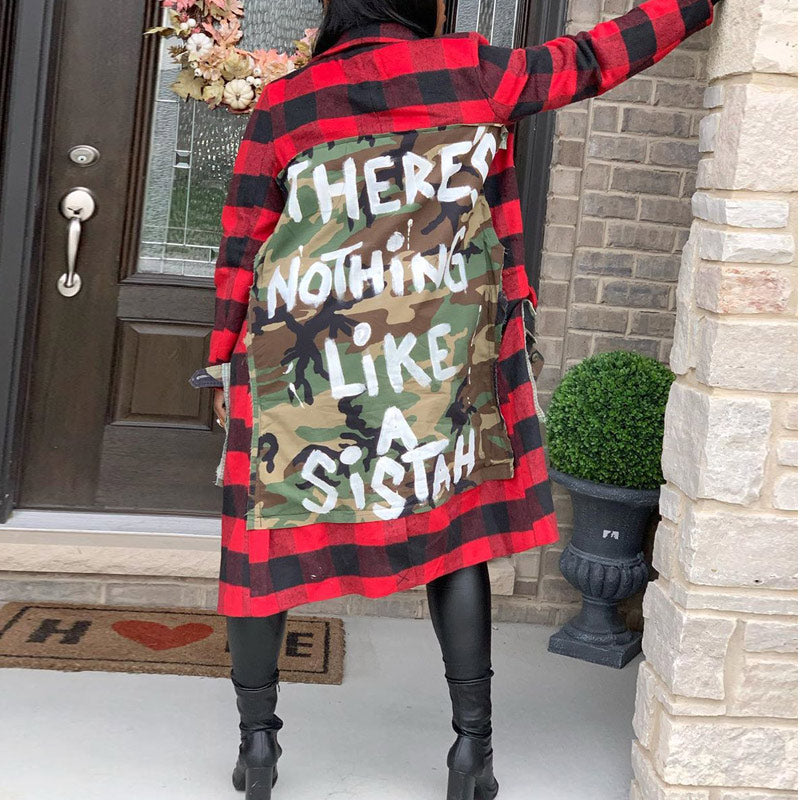 Plaid Pattern Letter Print Long Coat