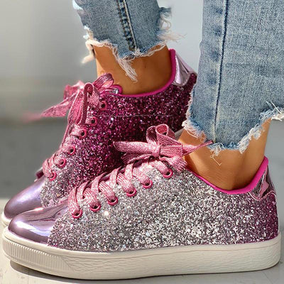 Glitter Sequins Eyelet Lace-up Sneakers - Cherrybetty