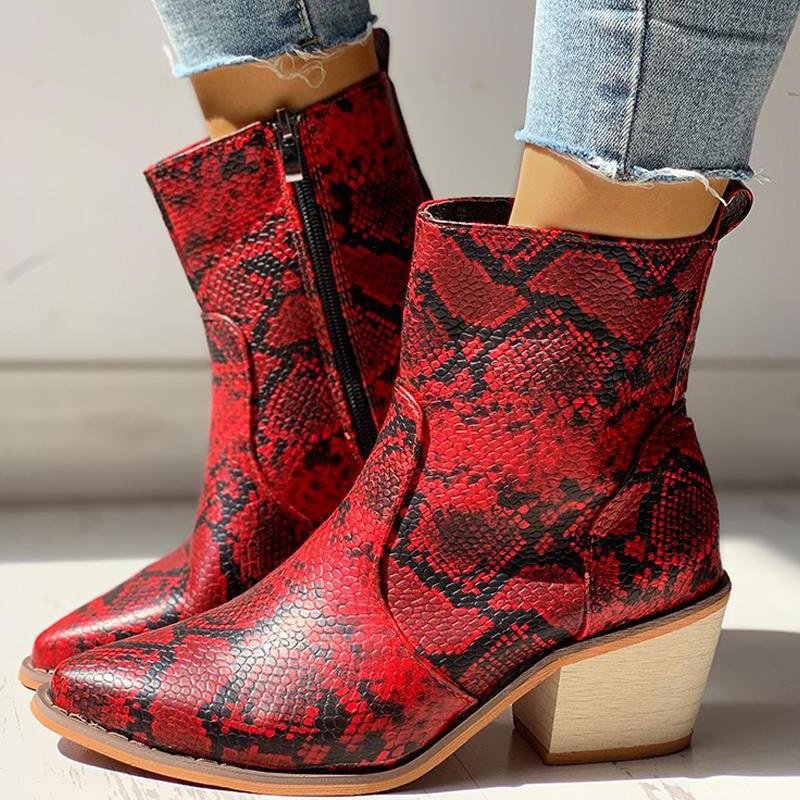 Pointed Toe Snakeskin Zipper Design Chunky Heeled PU Boots - Cherrybetty