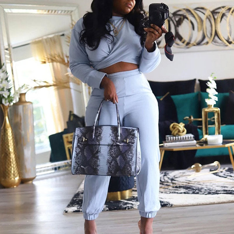 Solid Long Sleeve Twisted Top & Pants Set