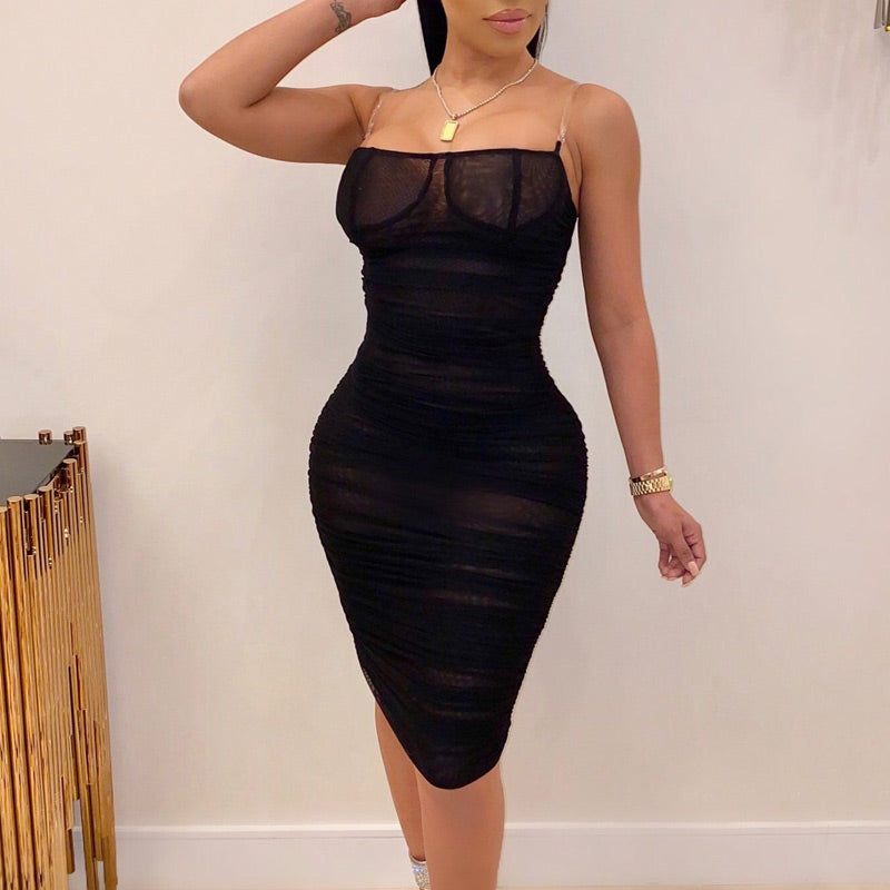 Solid Sheer Mesh Ruched Bodycon Dress