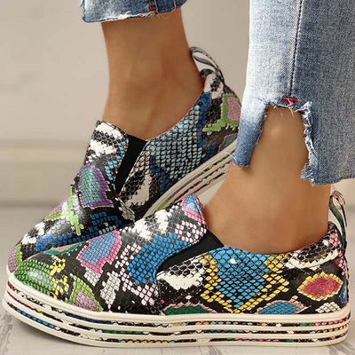 PU Snakeskin Print Flat Sneakers - Cherrybetty