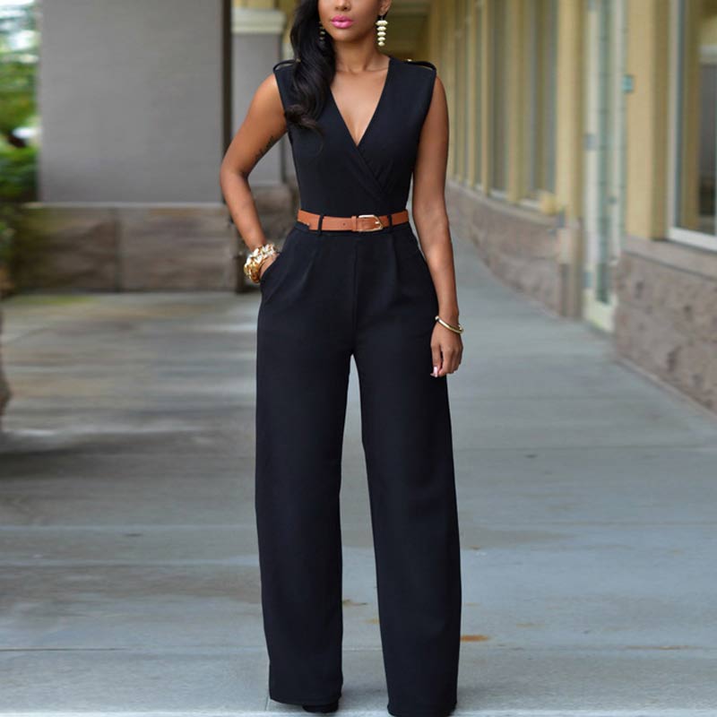 Solid Deep V-Neck Sleeveless Jumpsuit