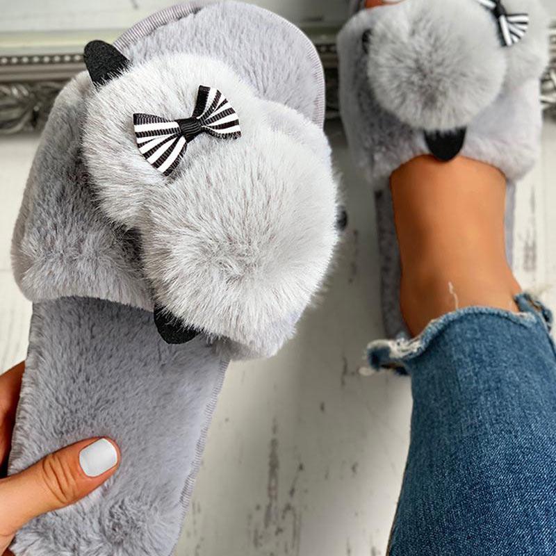 Fluffy Pom Pom Bowknot Embellished Open Toe Flat Slippers - Cherrybetty