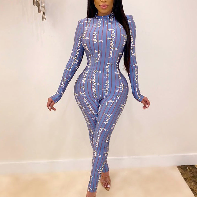 Letter Print Stripes Long Sleeve Jumpsuit