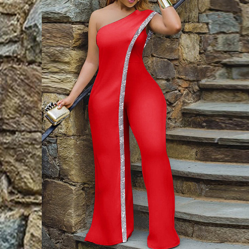 Glitter One Shoulder Sleeveless Jumpsuit