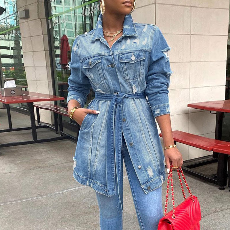 Letter Print Cut Out Long Sleeve Denim Coat With Belt