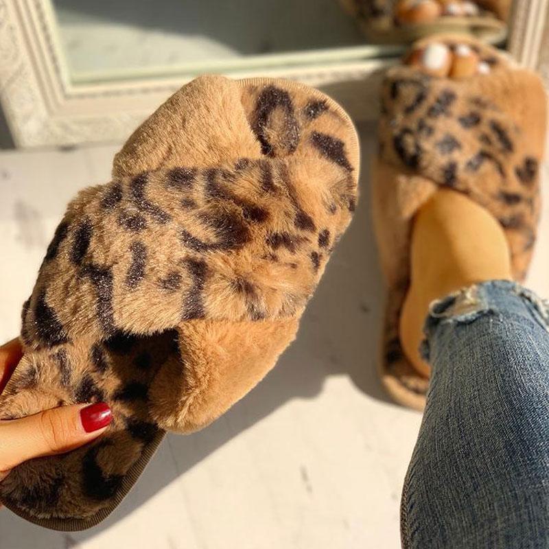 Fluffy Leopard Crisscross Peep Toe Slippers - Cherrybetty