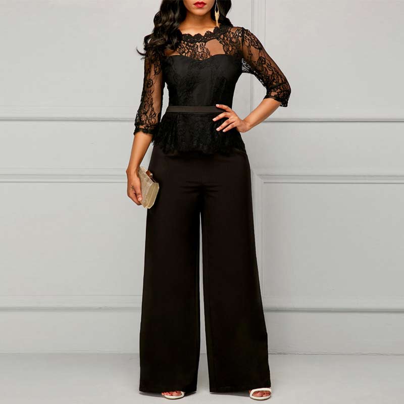 Solid Long Sleeve Lace Patchwork Jumpsuit