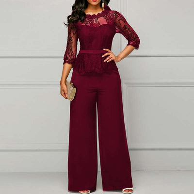 Solid Long Sleeve Lace Patchwork Jumpsuit